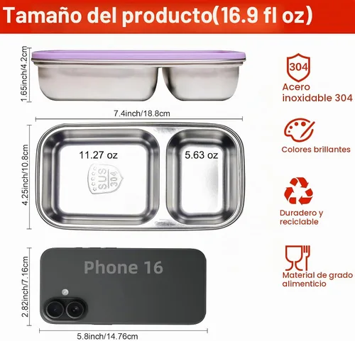 Vista 2 de Paquete de 2 recipientes de acero inoxidable con tapas, 2 compartimentos de 16.9 onzas, tapa a prueba de fugas, caja de ensalada reutilizable
