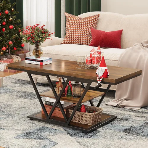 Vista 7 de Espelism Mesa de centro industrial con almacenamiento de 3 niveles para sala de estar, mesa rectangular de madera para cóctel, mesa de té rústica
