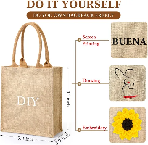 Vista 4 de 16 bolsas de arpillera con asas e interior laminado, reutilizables, en blanco, regalo de dama de honor, bolsa de playa para compras, boda, fiesta