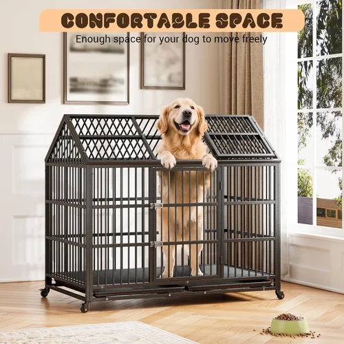 Vista 6 de Jaula para perros resistente de 52 pulgadas, para interiores con ruedas bloqueables y bandeja extraíble, jaula indestructible a prueba de fugas