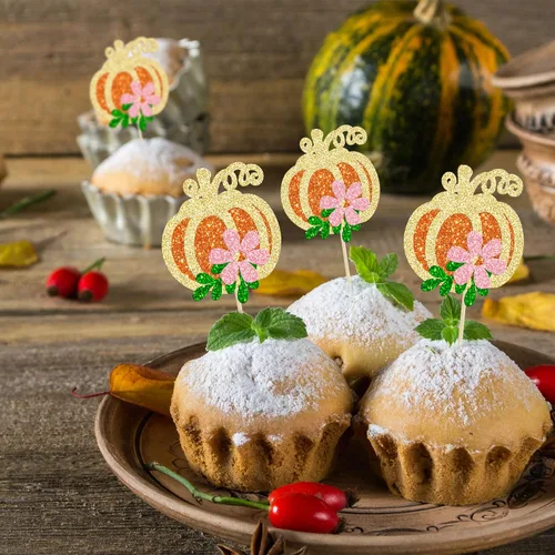 Vista 5 de 24 adornos de calabaza para cupcakes con purpurina para otoño, hojas, flores, calabaza, cupcakes, decoración de pasteles para Halloween, decoración