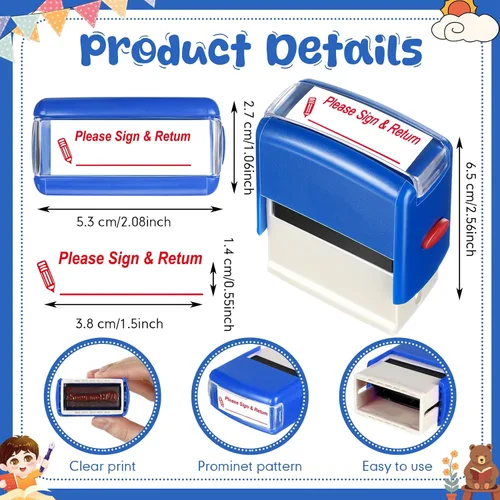 Vista 2 de XunYee 2 sellos rectangulares con texto en inglés «Please Sign & Devuelve» para profesores, autoentintados, recargables, para profesores, padres