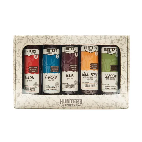 Vista 3 de Hunters Reserve, Taste of The Wild Summer Sausages, Hickory Smoked, 5 sabores de caza silvestres, paquete de regalo variado