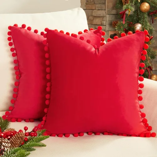 Vista 10 de Top Finel juego de 2 fundas decorativas con pompones para almohada euro, de terciopelo suave, lisas, para sofá, dormitorio o automóvil, 26 x 26 Rosa