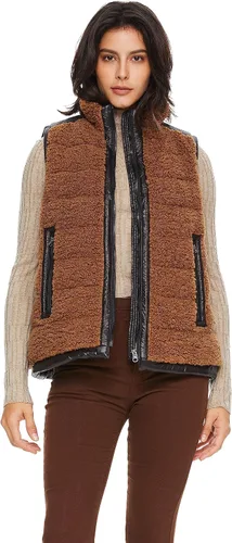 Vista 4 de Orolay Chaleco casual de forro polar para mujer, cálido, para exteriores, chaleco corto lanudo con capucha