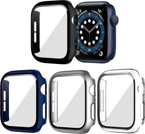 Vista 23 de Paquete de 2 fundas rígidas de policarbonato compatibles con Apple Watch, con protector de pantalla de cristal templado sin burbujas para accesorios