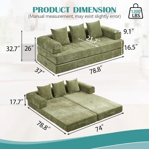 Vista 2 de Sofá cama convertible, cómodo colchón plegable, sofá cama modular plegable seccional, sofá plegable con 3 almohadas y reposabrazos, sofás para sala
