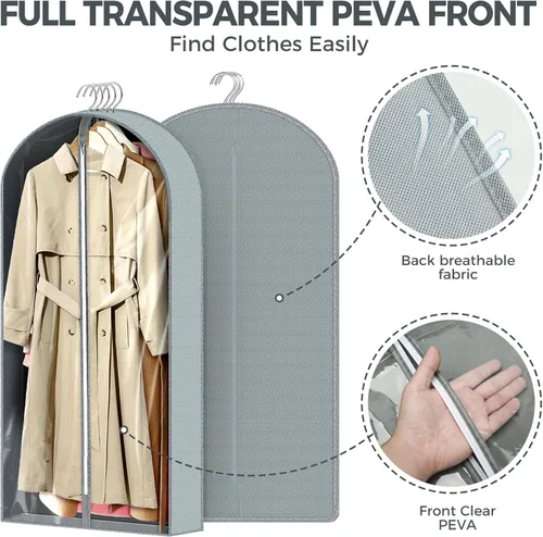 Vista 9 de 10 bolsas de ropa de 40 pulgadas para colgar ropa, bolsas transparentes para almacenamiento de ropa, bolsas de ropa para guardar ropa, bolsas