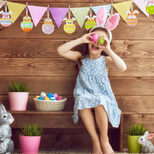 Vista 5 de Qunclay 40 piezas de adornos de Pascua, huevos de Pascua, huevos de Pascua, letreros colgantes para árbol, conejo, rebanadas de madera, recortes