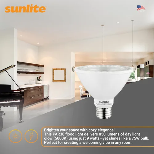 Vista 5 de Sunlite 40982-SU - Bombilla LED PAR30 de cuello corto, 9 vatios, (equivalente a 75 W), 850 lúmenes, base de tornillo medio (E26), regulable, 5000K