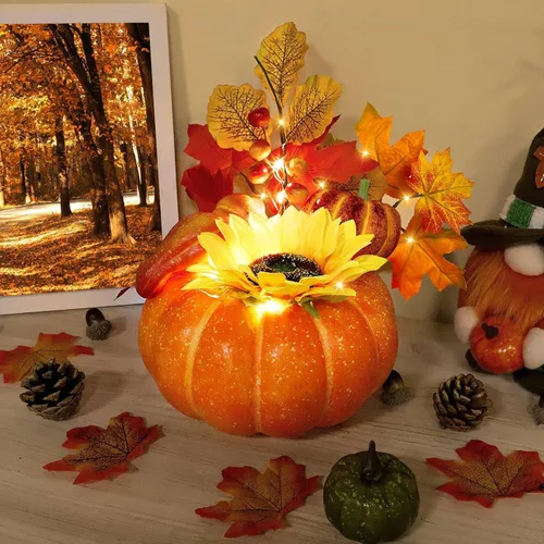Vista 7 de Temporizador y preiluminado: decoraciones de Acción de Gracias, calabaza, calabaza artificial con hojas de arce, girasol, bayas, 20 luces LED
