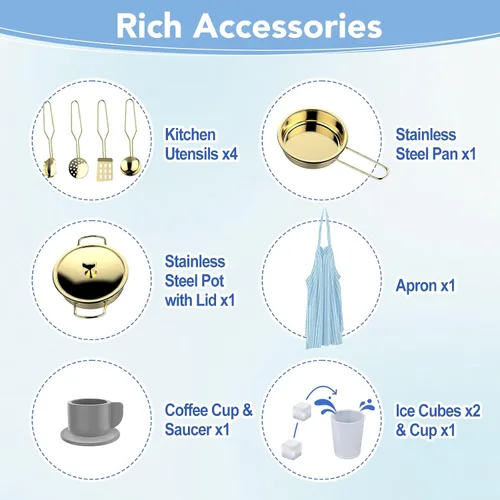 Vista 5 de BRINJOY Cocina de Juguete para Niños, Juego de Cocina de Madera para Niños con Cafetera, Horno, Estufa, Fregadero, Delantal, Máquina de Hielo