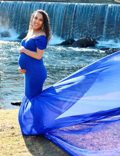 Vista 7 de Vestido de gasa de maternidad con hombros descubiertos para accesorios de fotos, vestido largo de fotografía para sesión de fotos