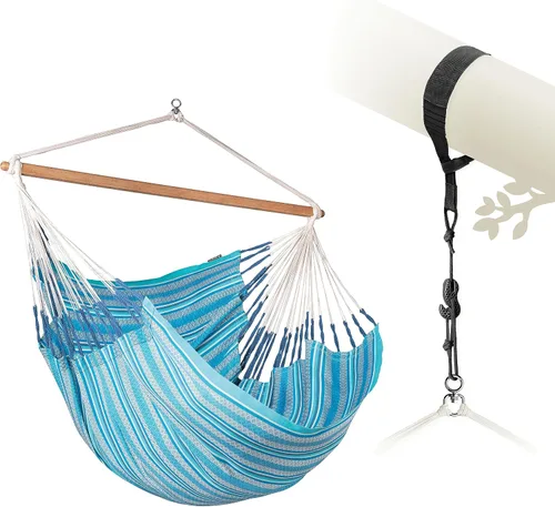 Vista 15 de LA SIESTA® - Silla Hamaca Grande y Cómoda de Algodón Habana & CasaMount - Silla Colgante con Kit de Suspensión para Paredes, Techos y Vigas Café