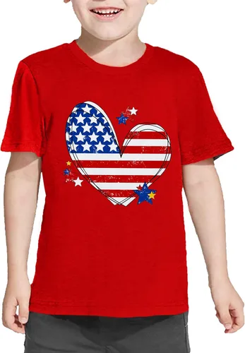 Vista 2 de Camisa con bandera americana para niños y niñas, diseño de corazón con bandera de Estados Unidos, camiseta patriótica del 4 de julio