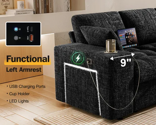 Vista 7 de Vipbear Sofá cama modular de 86 pulgadas con cama extraíble, sofá en forma de L de felpilla de 5 asientos con puertos USB, portavasos, mesa Negro