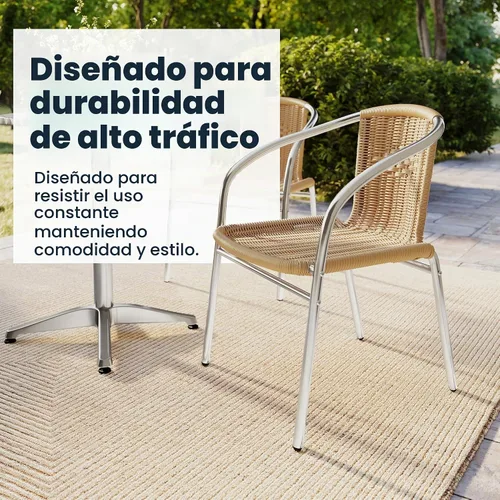 Vista 5 de EMMA + OLIVER Silla apilable de aluminio y ratán beige para interiores y exteriores Aluminio y beige