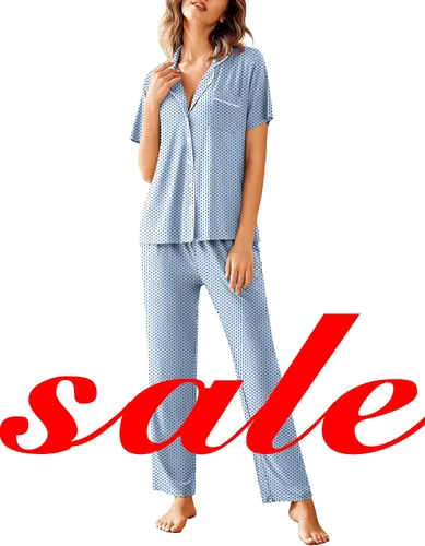 Vista 5 de Avidlove - Conjunto de pijama para mujer, ropa de dormir suave con solapa de muesca, manga corta, botones y pantalones largos