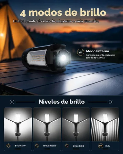 Vista 2 de Luces de camping recargables con soporte ajustable, color negro 6000K Portable Work Light, 4 LED Lamp Heads Magnetic Flashlight with Detachable