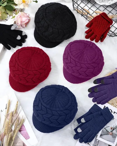 Vista 16 de SATINIOR Juego de 4 gorros y guantes de invierno para mujer, gorro de punto cálido, gorro de esquí de nieve con visera y guante para pantalla rojo