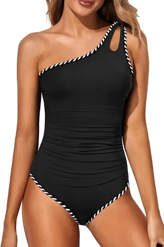 Vista 15 de Women's One Shoulder One Piece Tummy Control Swimsuit Full Coverage Diseño de ojo de cerradura, ajuste de cobertura completa, estilo modesto Negro