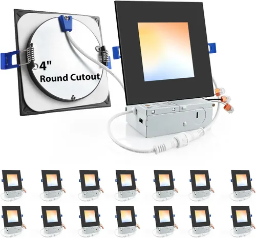 Vista 12 de zouzai juego de 12 luces LED empotrables cuadradas de 4 pulgadas para recortes redondos, luz descendente ultrafina de 5 CCT seleccionable y Blanco