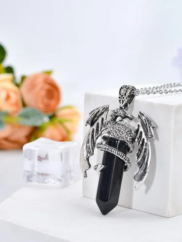Vista 26 de Collar de dragón – Colgante hexagonal de plata envuelto en cristal con cristal natural – Joyería genial para hombres y mujeres