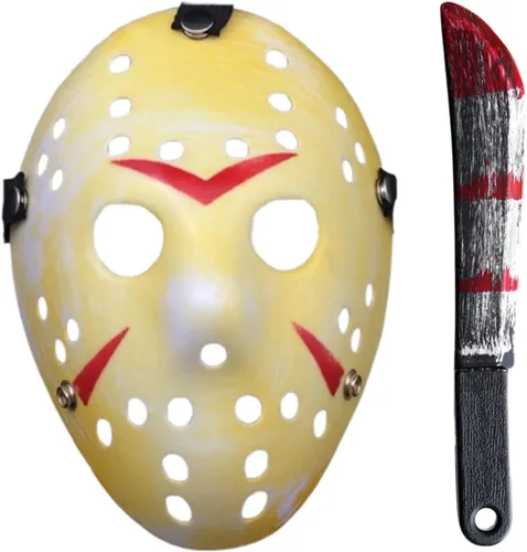 Vista 7 de JOYFISCO Máscara de Halloween machete de hockey de terror para Halloween, fiesta de máscaras, cosplay, disfraz Negro1