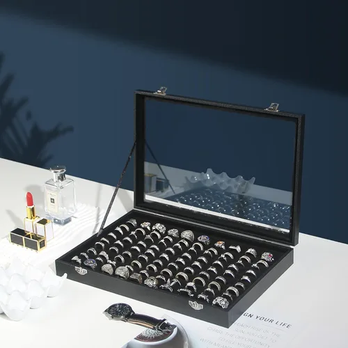 Vista 7 de Coward Joyero organizador de anillos, caja de terciopelo negro con 100 ranuras para anillo, bandeja de exhibición con tapa de vidrio transparente