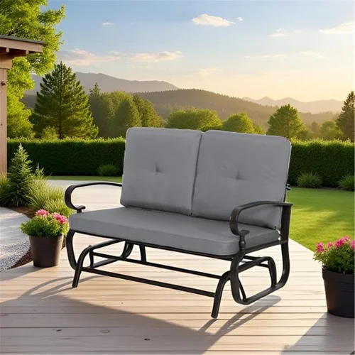 Vista 10 de SUNCROWN Silla mecedora al aire libre, silla mecedora de 2 asientos para patio, sofá biplaza con cojines, muebles de marco de acero, color marrón