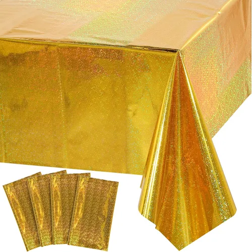 Vista 13 de Paquete de 4 manteles de plástico iridiscente brillantes desechables láser rectangulares, cubiertas de mesa, mantel de papel holográfico