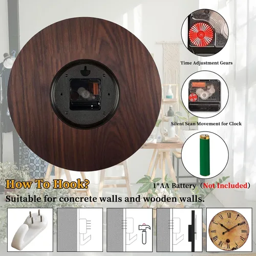 Vista 3 de Reloj de pared rústico grande, silencioso, funciona con pilas, para sala de estar, estilo vintage, de 24 pulgadas, sin tictac, para cocina