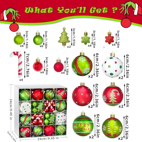 Vista 2 de Adornos de bola de Navidad brillantes para árbol de Navidad, 46 piezas, inastillables, bolas colgantes para decoración navideña, bolas de elfo