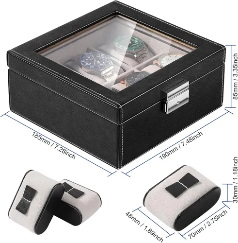 Vista 3 de BareTulip Caja organizadora de reloj para hombre, caja de reloj con 6 ranuras, caja de reloj de piel sintética con ventana de vidrio y cerradura