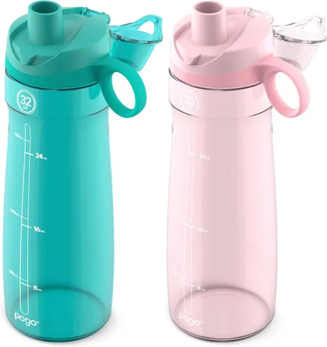 Vista 2 de Pogo Botella de agua reutilizable de plástico de 32 onzas, paquete de 2 con Aquaviva/Satén Rosa