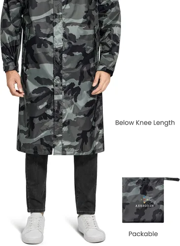 Vista 4 de AXESQUIN Chaqueta impermeable larga para hombre con capucha, impermeable, reflectante, ligera, plegable, para exteriores