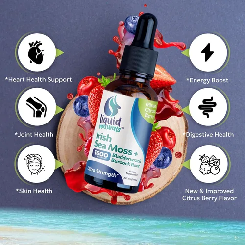 Vista 3 de Irish Sea Moss Drops - Sabor a bayas cítricas, más de 92 minerales esenciales y vitaminas, energía, piel, intestino, recuperación, vejiga y raíz