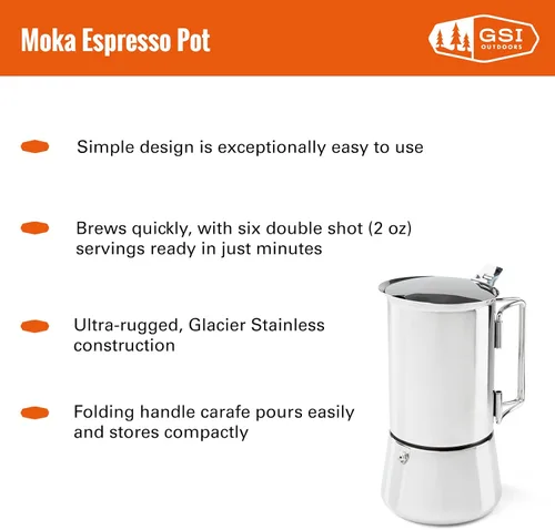 Vista 2 de GSI Outdoors 6 tazas de acero inoxidable Moka para estufa de café expreso para camping, viajes y cabaña