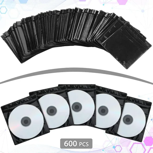 Vista 4 de Kanayu 600 fundas de plástico de dos caras para CD y DVD, color blanco/negro, sobre de disco transparente, antiarañazos, almacenamiento Blu-ray