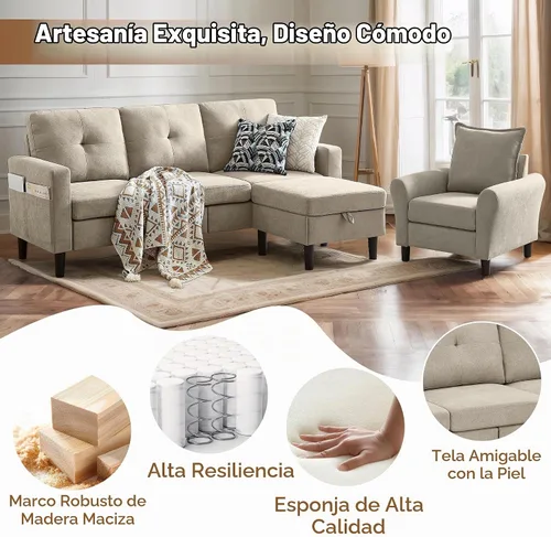 Vista 5 de Juego de sofá seccional de 2 piezas, juego de sofá y silla de 3 asientos con bolsillos laterales y otomana de almacenamiento móvil, moderno juego