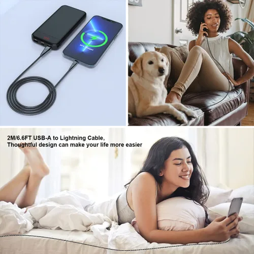 Vista 7 de MTAKYI Cable de carga de metal trenzado para iPhone de 6.6 pies de largo, certificado Lightning Apple MFi, carga rápida, cable USB de sincronización