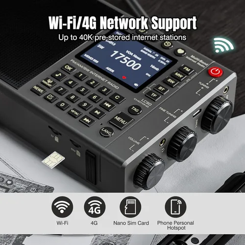 Vista 2 de CHOYONG Radio de Internet LC90 Wi-Fi/4G, radio FM/LW/MW/SW portátil con batería recargable de 5000 mAh, estaciones de radio 40K, altavoz BT, reloj