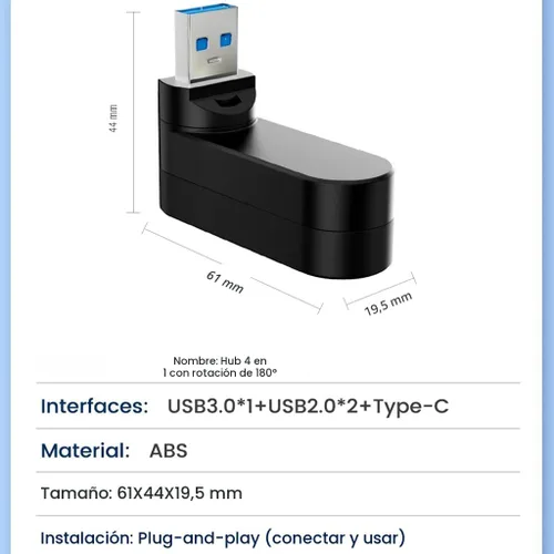 Vista 7 de VIENON Hub USB 3.0 de 4 puertos [Giro de 90°/180°], divisor USB con puerto USB C de 5W PD-in, extensor USB para laptop, automóvil, iMac, MacBook