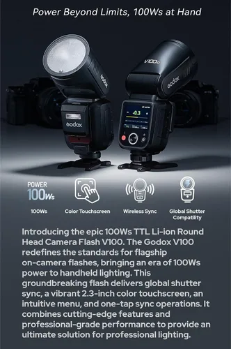 Vista 19 de GODOX V100 C Godox Flash para Canon - Flash TTL de 100Ws para cámaras Canon EOS, control de pantalla táctil, 400 destellos de potencia completa