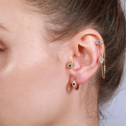 Vista 3 de Aretes colgantes con borla de palma de mal de ojo para mujeres y niñas, circonita cuíbica, hipoalergénica, cadena de borla, aretes colgantes