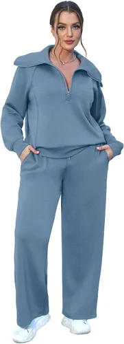 Vista 3 de XIEERDUO Conjuntos de descanso para mujer 2023 sudadera de gran tamaño con media cremallera y pantalón deportivo de pierna ancha de 2 piezas