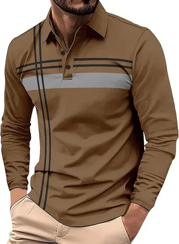 Vista 13 de Polo para hombre, manga larga, ajustado, a rayas, con cuello, talla grande, para golf y otoño