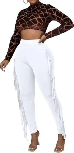 Vista 2 de Rimhold Pantalones casuales con flecos para mujer, cintura alta, color liso, con borlas laterales, pantalones de yoga, pantalones de chándal