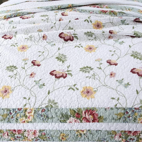 Vista 4 de vctops Juego de edredón bordado de algodón floral de 3 piezas, elegante, reversible, ligero, suave, con 2 fundas de almohada