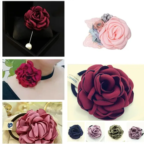Vista 5 de Huralona 10 flores de cinta de satén para manualidades, lazo, boda, diciembre, vintage, flores de tela, rosas artificiales para tocado, apliques